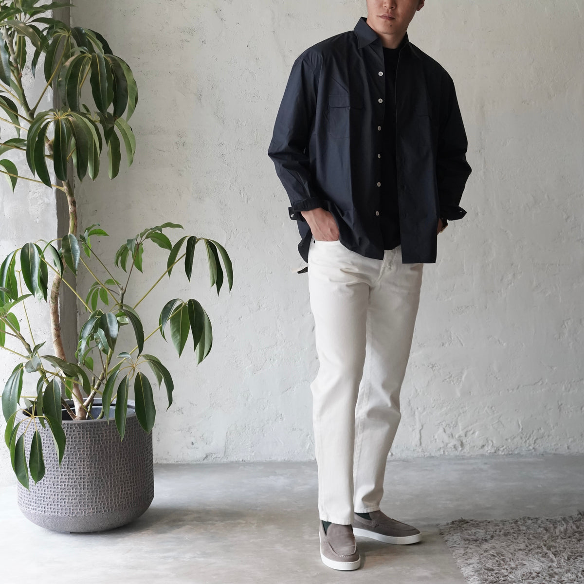 【一般販売開始 9月11日20:00~】THE SOLE / コットンシルク タイプライター オープンカラーサファリシャツ